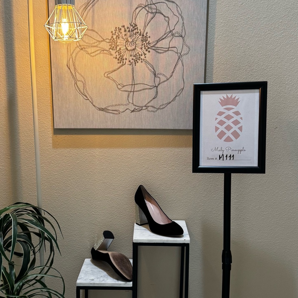 Gently used/no box: Kate Spade 8 1/2 B black suede leather mirrored 3/12 heels